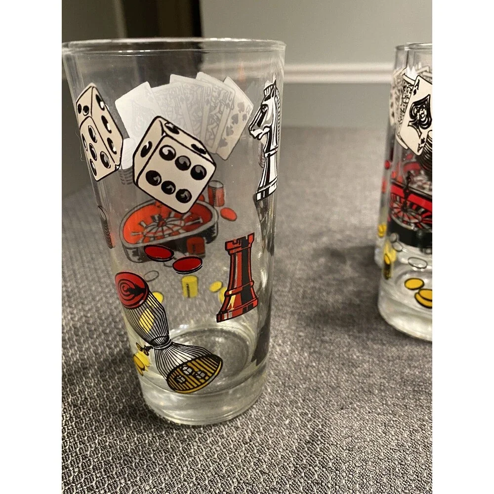 Hazel Atlas Poker Themed Cards Ice Bucket & 5 Glasses 1960’s Man Cave Barware